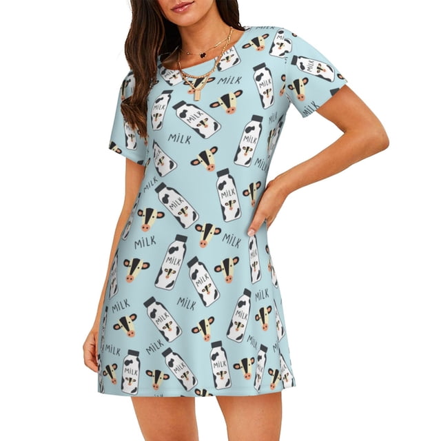 Easygdp Milk Bottles And Cow Head Camisón de manga corta para mujer, informal, estampado