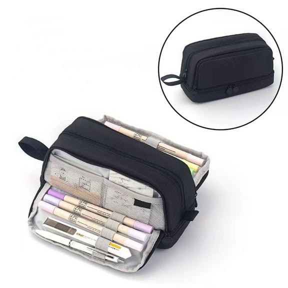 HandyHome Large Pencil Case, 4 Compartments High Capacity Pencil Pouch with Handle, Layered Pencil Bag with Pen Loops & Mesh Pocket, Zipper Marker Pen Pouch Desk Organizer, Solid Color: Black