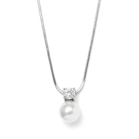 Mariell Round White Pearl Drop Necklace Pendant with CZ Accent - Ideal for Wedding, Bridesmaid &