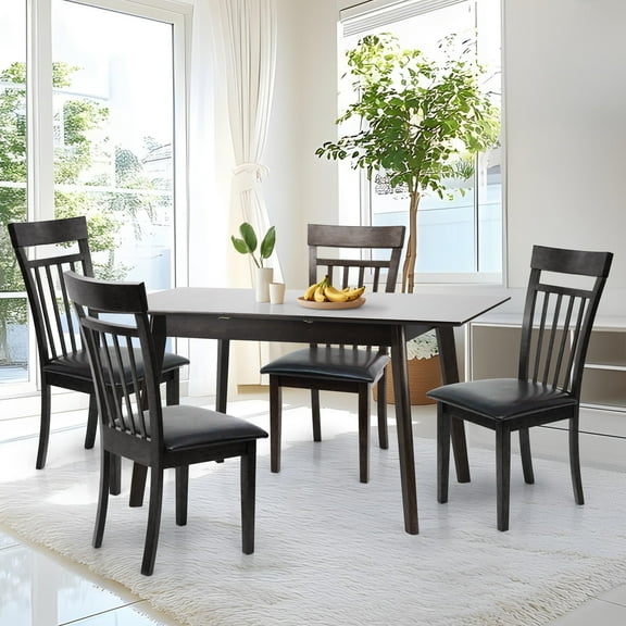 Dining Table Set for 4, Classic Style Solid Wood Warm Chairs w Extendable Rectangular Table, Kitchen Room Set, Espresso Color w PU Leather Fabric