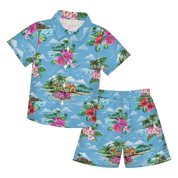 JIAYUE Boy's Summer 2 Piece Outfit Sets Casual Lapel Button Down Short Sleeve Shirt And Elastic Waist Shorts Tropical Floral Print Children (2-15 Years Old) Fashion Clothing Set