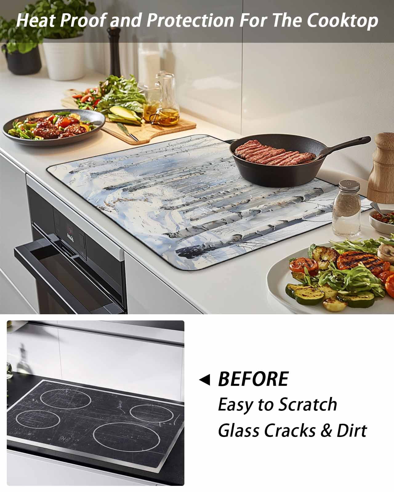Stove Top Covers for Electric Stove, Christmas Tree Glass Stovetop Cover Protector, White Winter Xmas Snowflake Induction Cooktop Protector Oven Mat for Kitchen Countertop 24"x21"