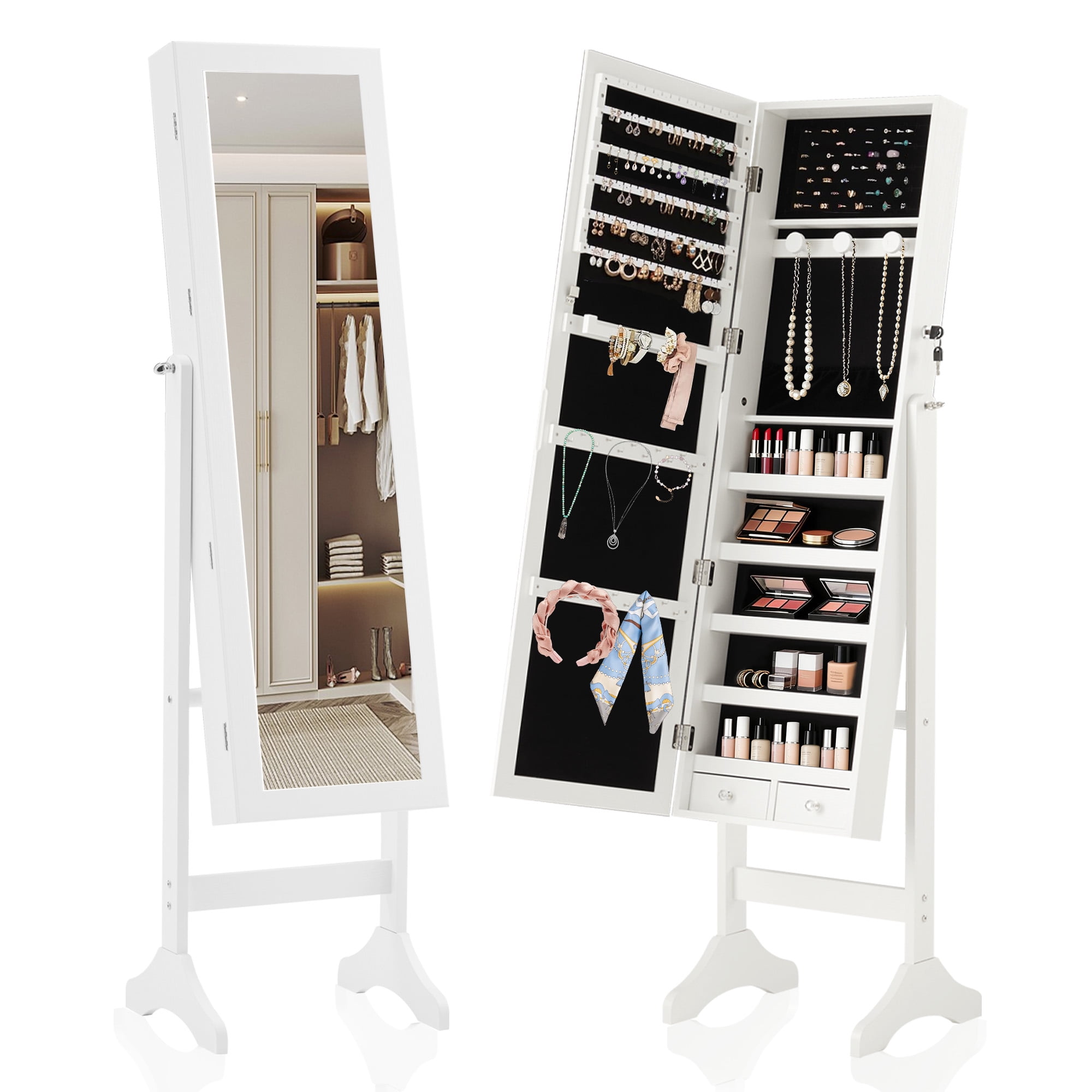 Costway, Mirrored Jewelry Cabinet Organizer, White, Full Size