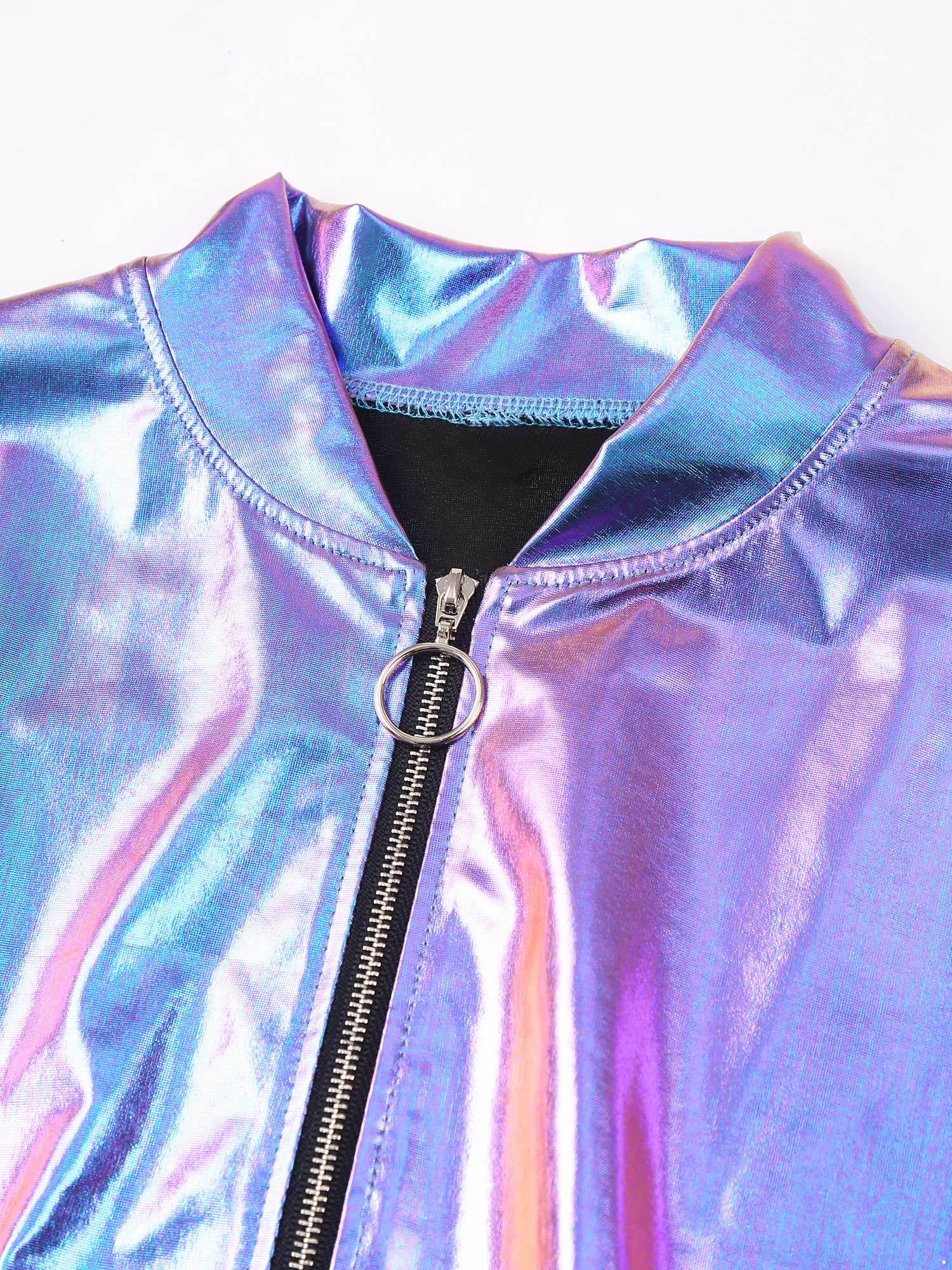 CHICTRY Womens Shiny Metallic Bomber Jacket Holographic Long Sleeve Zipper Front Coat Blue XXL