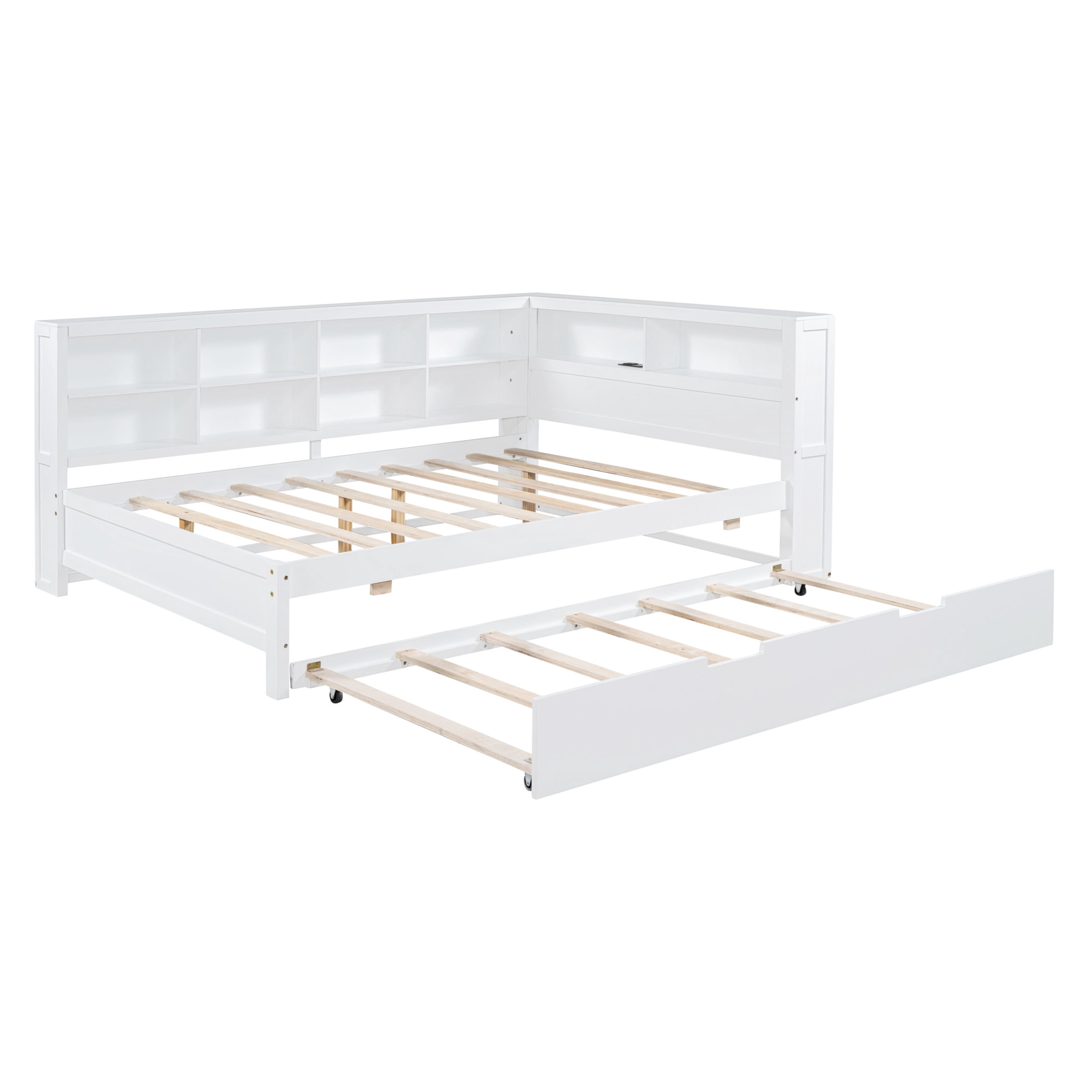 Noble House Full Size Daybed with Twin Trundle, Storage Shelves and USB Charging Ports, White