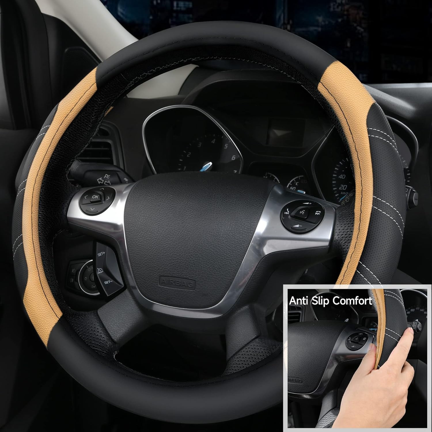 CAR GRAND Microfiber Steering Wheel Cover and Waterproof Car Floor Mats,Leather Universal Car Combo Fit for 95% Truck,SUV,Cars,14.5-15inch Sporty Anti-Slip Safety Comfortable Design(Black and Beige)