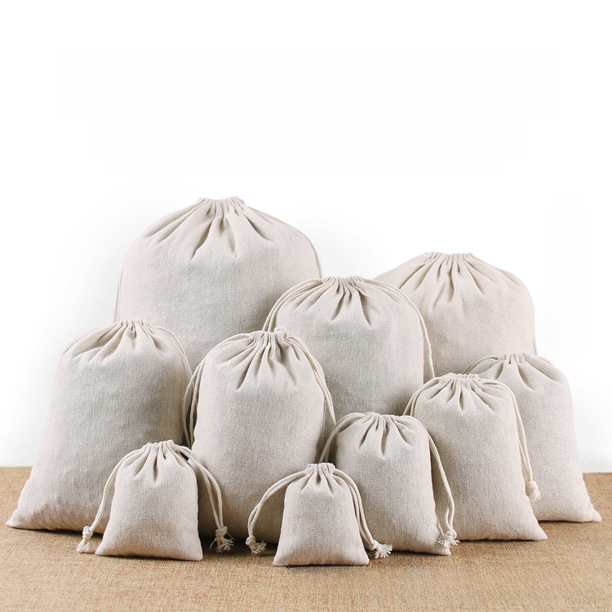 Bolsa de tela de algodón y lino original hecha a mano, bolsa con cordón, bolsa de tela blanca, bolsa para joyas, bolsa pequeña de tela