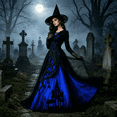 thumbnail image 4 of AoDai Gothic style long-sleeved witch dress with ghost castle print, suitable for Halloween party cosplay (all dress patterns are printed, the dress does not include a petticoat)., 4 of 6