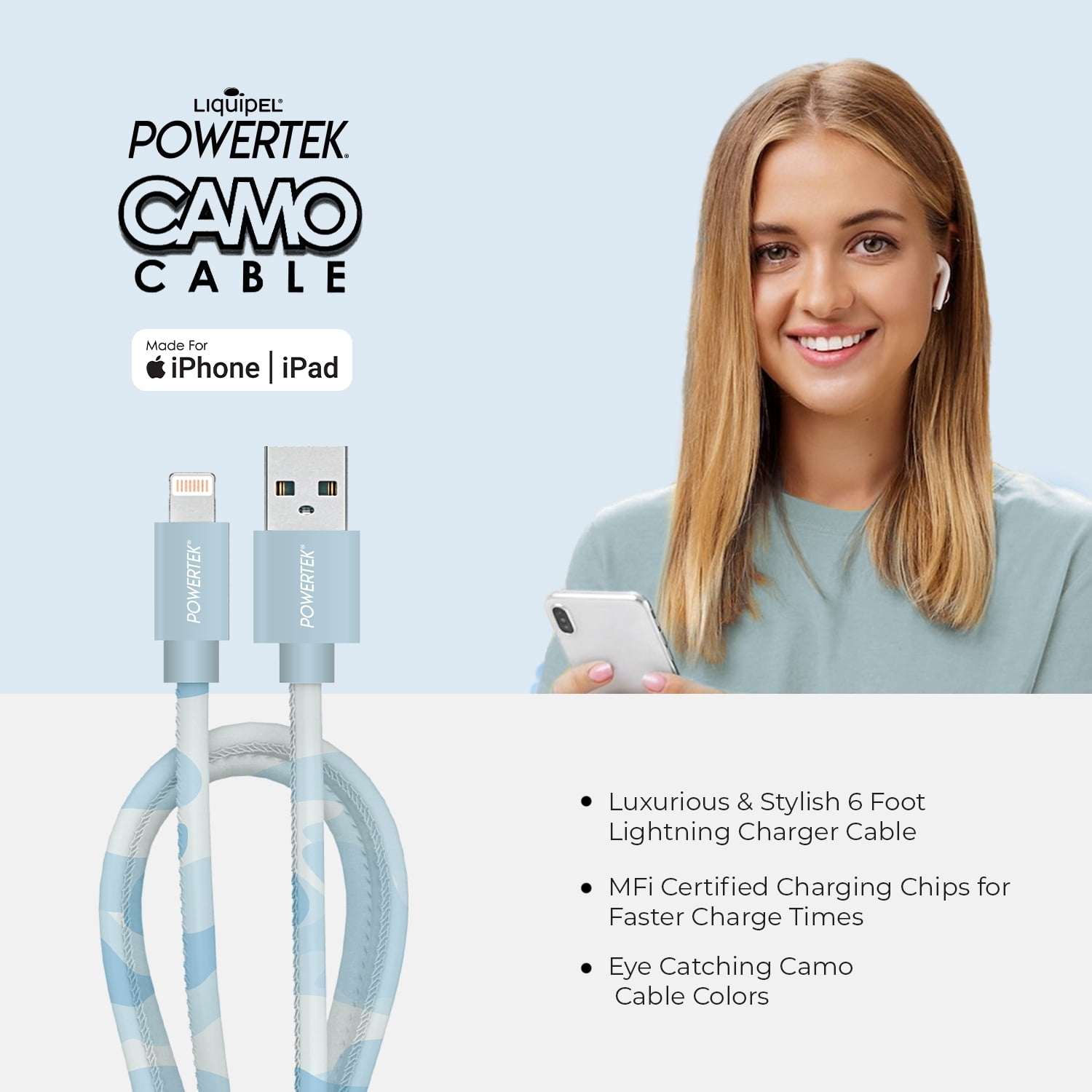Liquipel Powertek Pastel Camo USB-A to Lightning - Blue