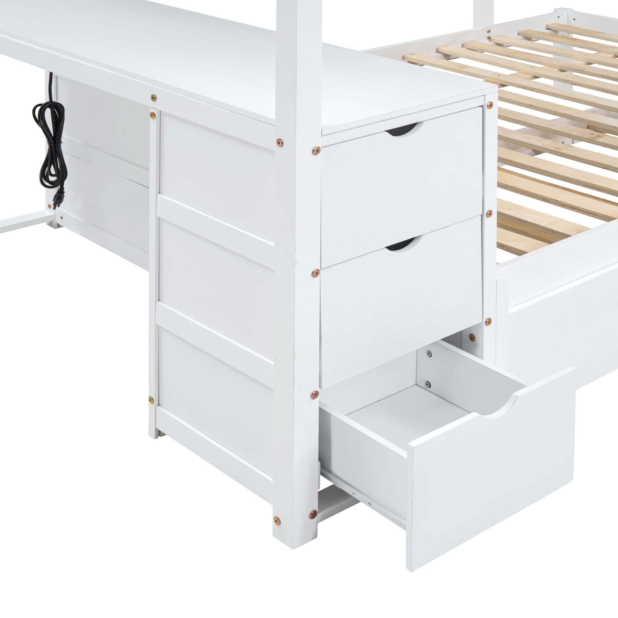 Aukfa Full Over Full Bunk Bed with Trundle and USB Charging Station, Wood Bed Frame with Build-in Desk&Storage Drawers for Kids Bedroom, White