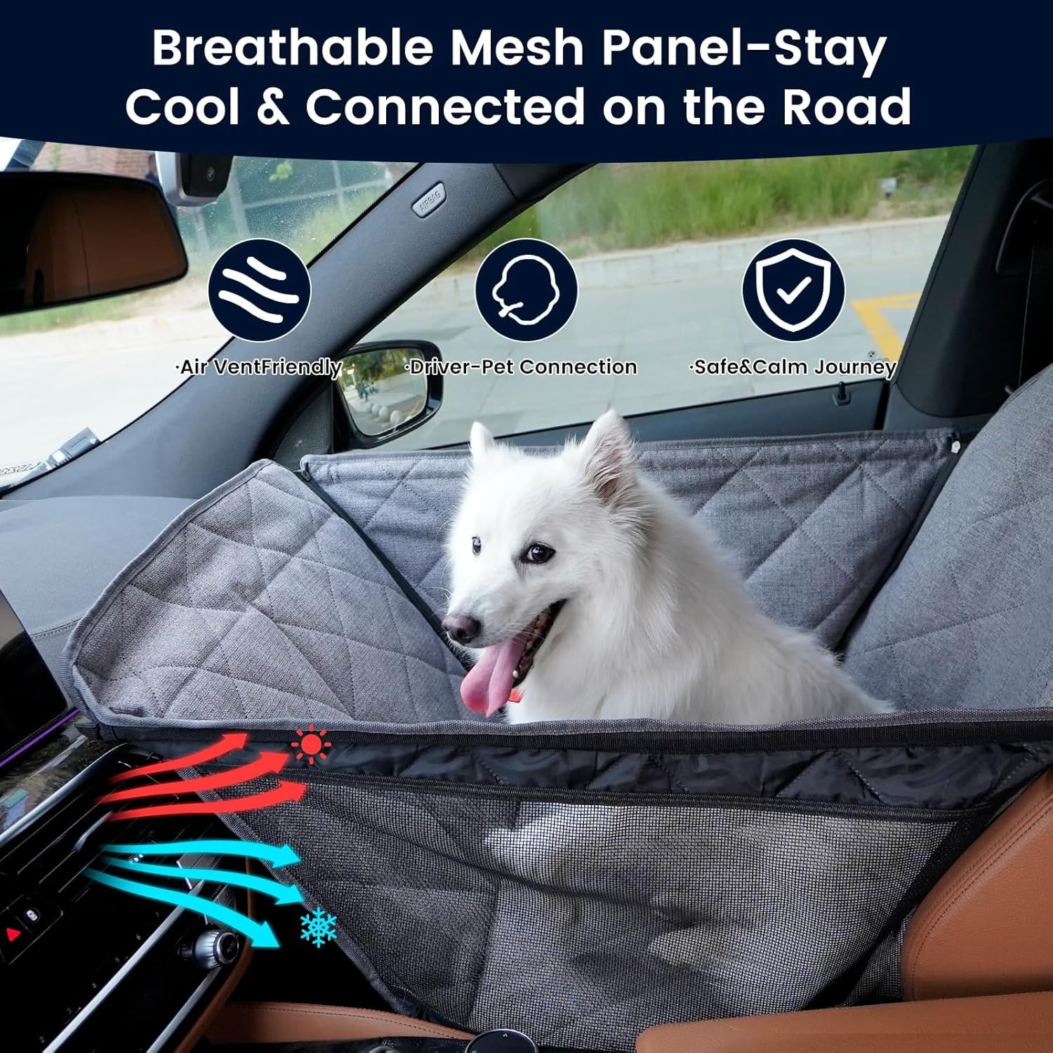Front  Dog Car  for Small/Medium Dogs with Door  – Full Coverage Pet Booster  with Mesh Window, Zippered Side Flaps, Safety Buckle,  Linen Fabric