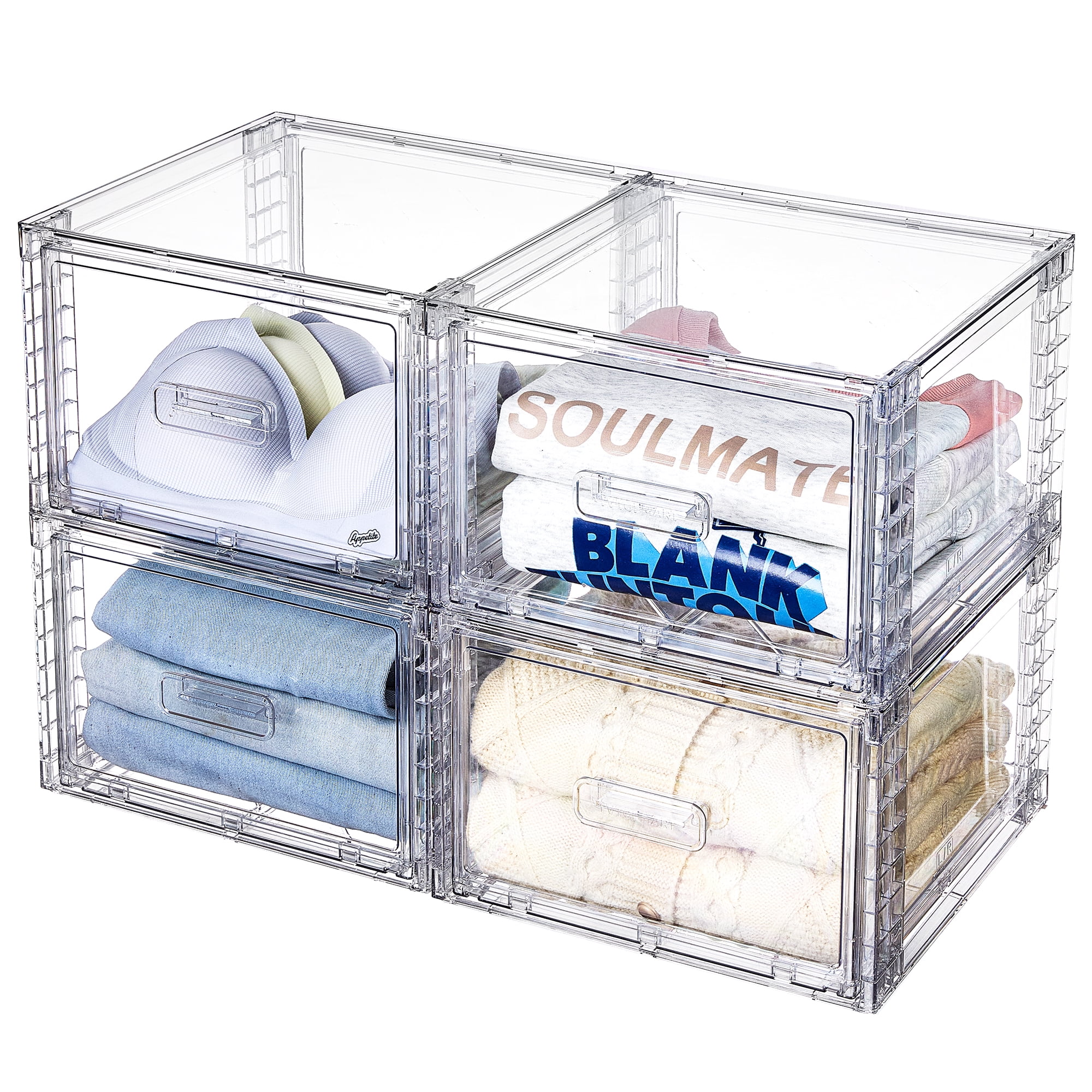 Sindcom 4 Pack Medium 18QT Clear Stackable Storage Drawers,Easily Assemble Closet Organizers,Plastic Storage Bins for Bathroom,Cabinet,Kitchen Pantry,Under Sink Organization