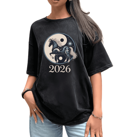 Washed 2026 Horse Theme Blue Graphic Tee T Shirt Tops Regular Fit Short Sleeve Round Neck Black S-2XL Plus Size