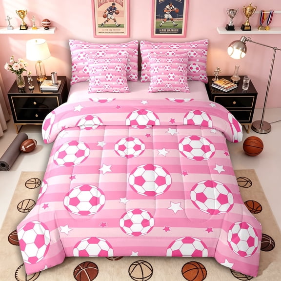 Erosebridal Kids Teens Soccer Print Twin Bedding Sets 7-Piece,Sport Theme Stars Stripes Bedding Comforter Set for Girls Boys,Pink Reversible,Microfiber Bedroom Decor