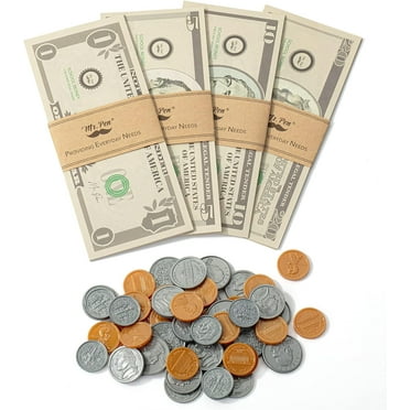 Mr. Pen- Play Money for Kids, 150 Pcs, Ages 3 , 60 pretend bills (20 $1s,  20 $5s,  10 $10s, and  10 $20s) and 90 plastic coins (30 pennies, 20 nickels, 20 dimes, and 20 quarters)