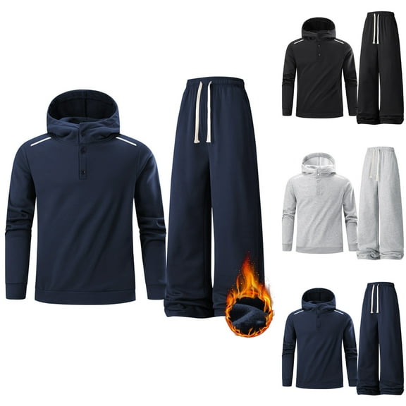 Txeol Mens Jogger Sweat Suits 2 Piece Set Fleece Lined Quarter Button Hooded Collar Sweatshirt and Wide Leg Pants Casual Jogger Outfit Sets XL Black