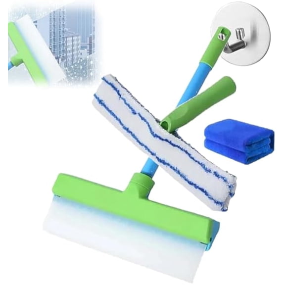 Window Cleaning Kit, Window Squeegee, Window Cleaning Squeegee Kit with Silicone Squeegee & Microfiber Scrubber/Wet and Dry/for All Glass and Cars (Blue, 1 Pc)