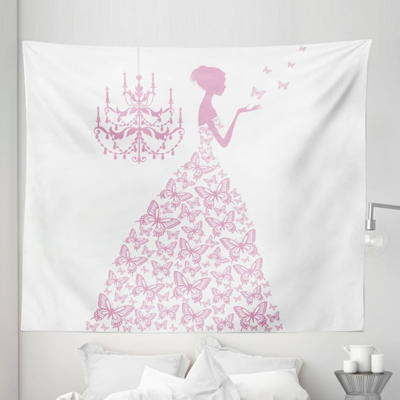 Love Tapestry, Cartoon with Butterflies Gown Tale Girl Pinkish Romance Design Illustration, Fabric Wall Hanging Decor for Bedroom Living Room Dorm, 5 Sizes, Pink and White, by Ambesonne