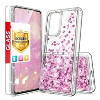 TJS for Samsung Galaxy A53 5G Phone Case, with Tempered Glass Screen Protector, Bling Glitter Sparkle Liquid Infused Moving Quicksand Floating Waterfall Cover (Pink)