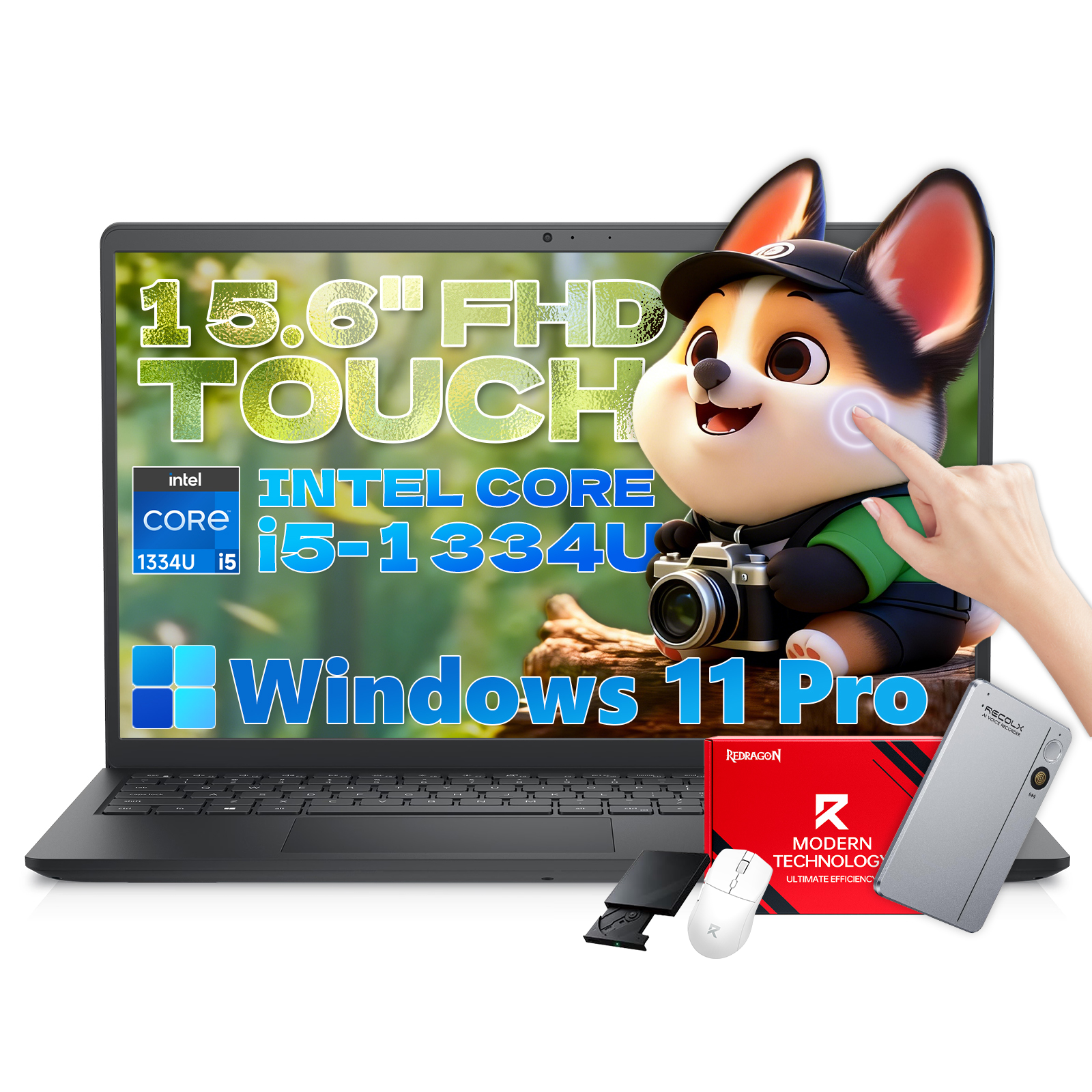 Dell Inspiron 15 Touchscreen Laptop - 15.6" FHD Display, Intel Core i5-1334U, Copilot AI, WiFi6, Windows 11 Pro Laptop for Business & Study, 8GB RAM 512GB SSD, Recolx AI Voice Recorder