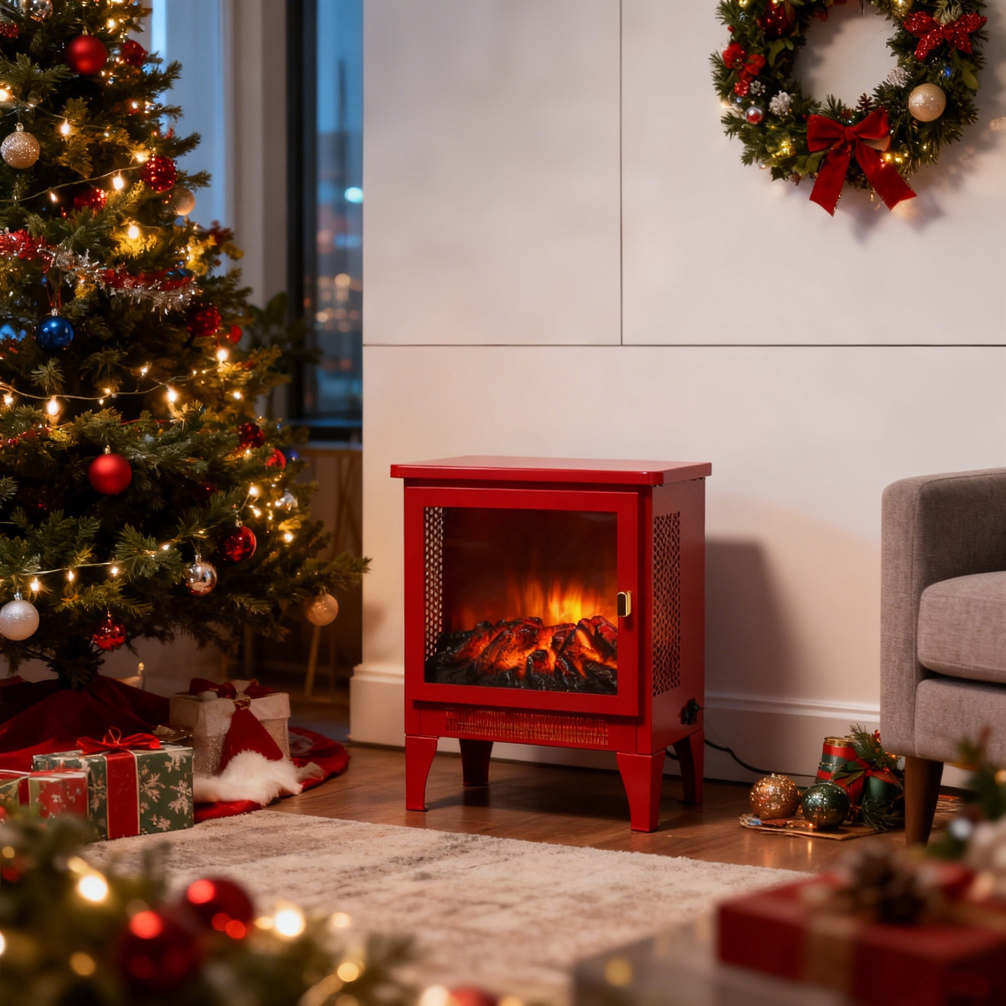 Electric Fireplace Heater, Legahome 16'' Freestanding Fireplace Heater Stove, 3D Realistic Flame Effects, Adjustable Brightness and Heating Mode, Overheat Protection, CSA Certified, Red