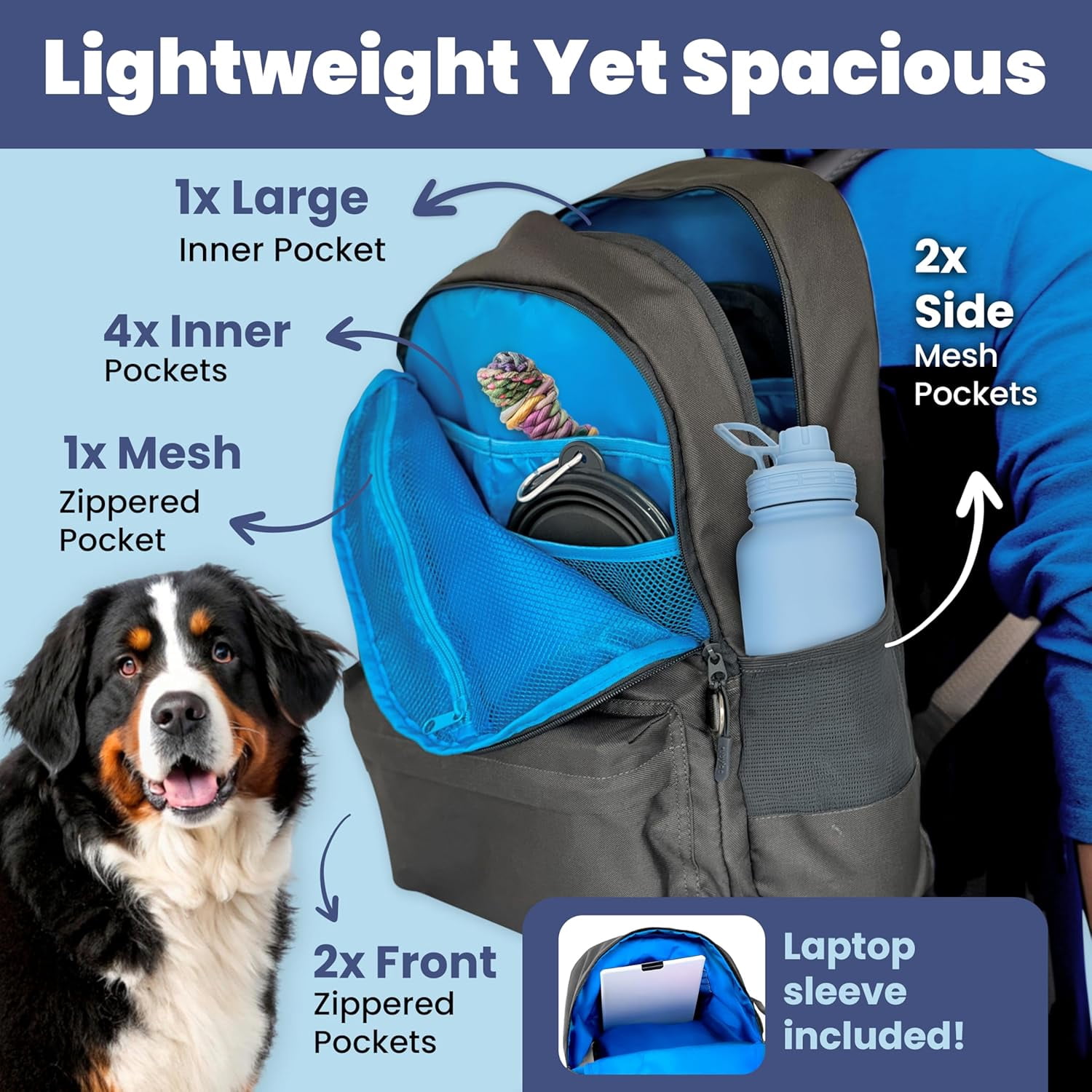 Dog Travel Bag for Supplies - Backpack with 2 Collapsible Dog Bowls, Food Bag, Treat Pouch: Dk Grey