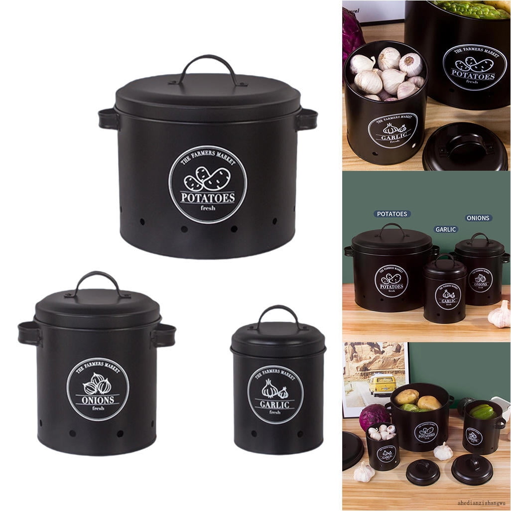 Set Of 3 Potato Onion Kitchen Storage Canisters Jars Pots Containers