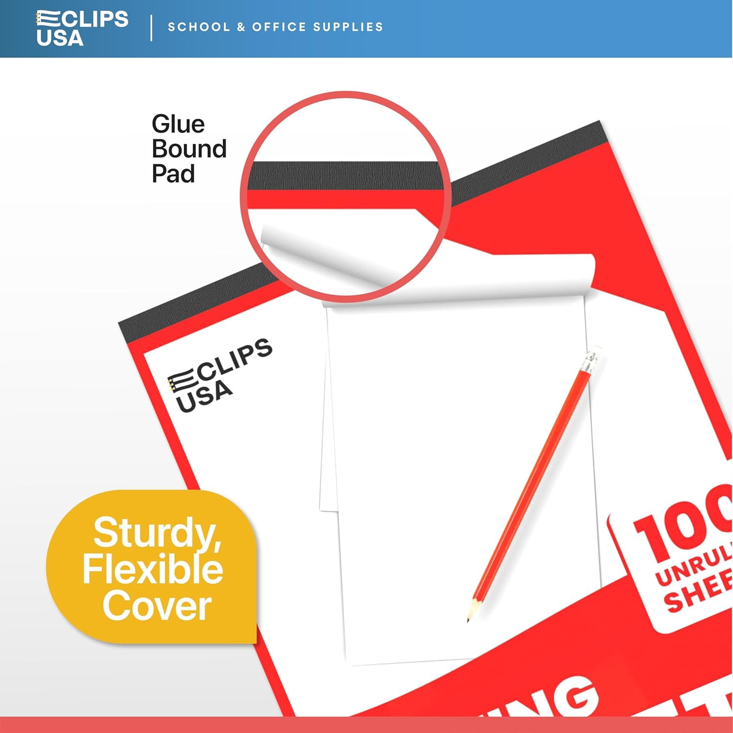 E-CLIPS USA Unruled Writing Tablet Note Pads, 9” x 6”, 100-Sheet Pad, 12-Pack