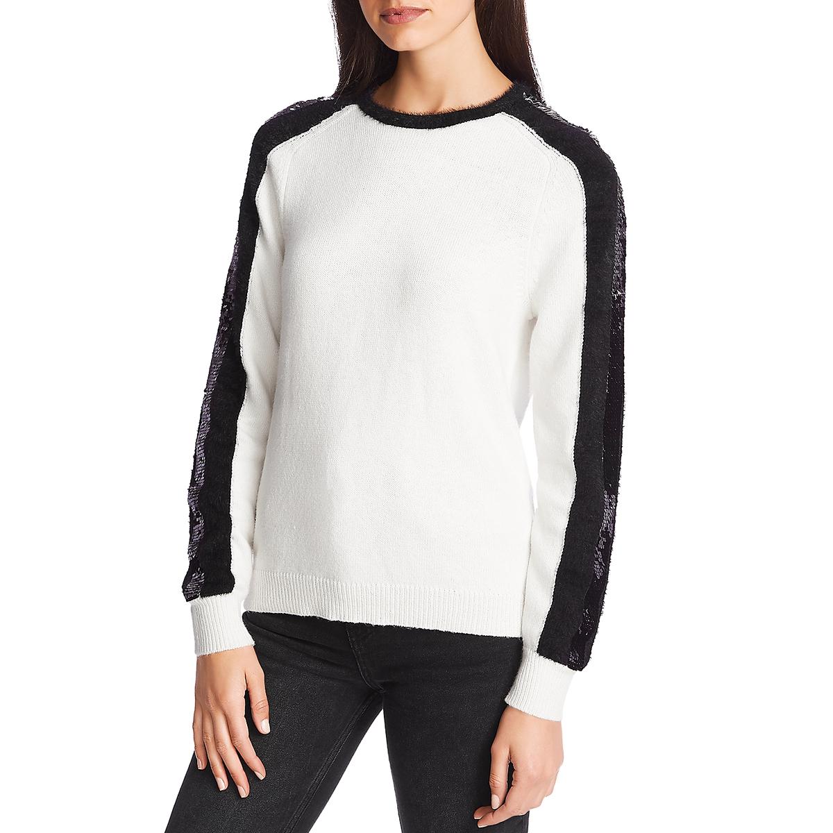 1.State Womens Sequined Contrast Trim Pullover Sweater Black-Ivory