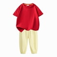 thumbnail image 4 of Tranfacy Tenues d'Été pour Filles Couleur Unie Col Rond Manches Courtes Haut Décontracté avec Pantalon Taille Élastique Ensemble Mode, 4 of 7