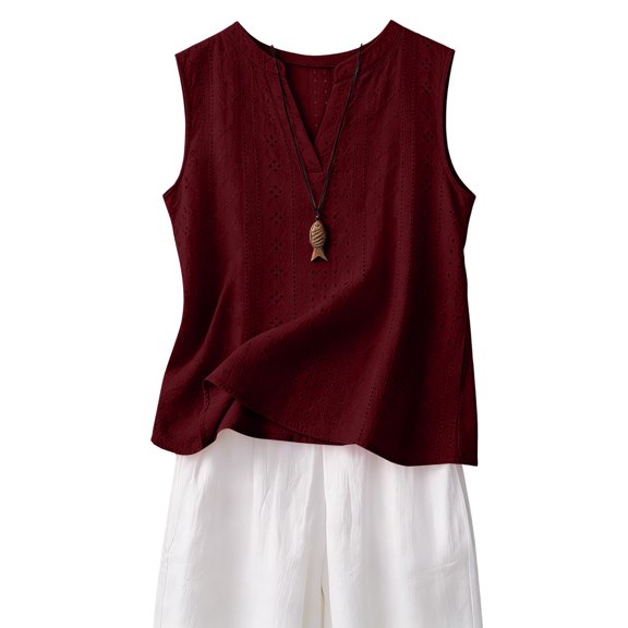 Tank Top for Women Loose Fit Sleeveless V Neck Camisole Tops Dressy Casual Eyelet Summer Flowy Cami Shirts Blouse Wine 2XL