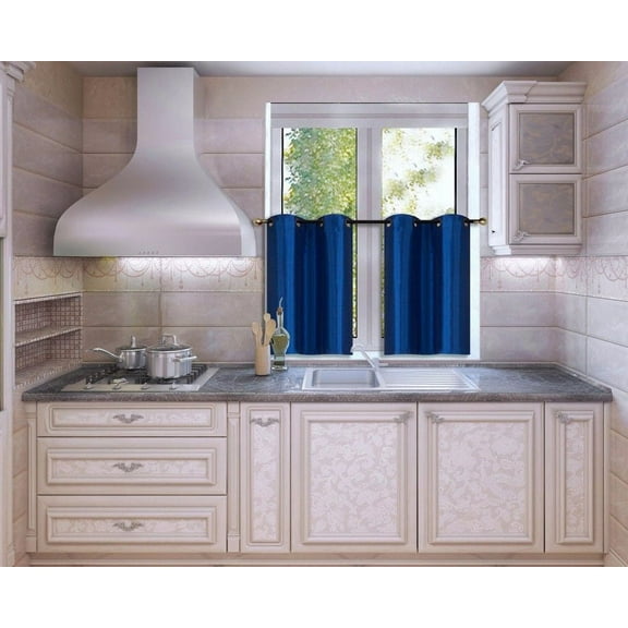 N25 Royal Blue 1-Set Light Filtering Kitchen Window Curtain, 2 Faux Silk Tier Panels With Bronze Grommets on Top