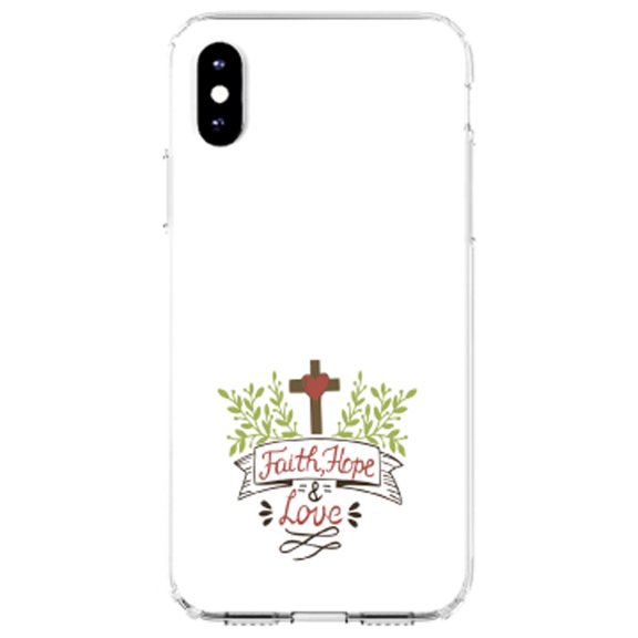 DistinctInk Clear Shockproof Hybrid Case for iPhone X / XS (5.8" Screen) - TPU Bumper, Acrylic Back, Tempered Glass Screen Protector - Faith, Hope & Love - Cross & Leaves