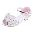 thumbnail image 1 of GiLiling Girls Open-Toe Dress Sandals, Glitter Princess Heels with Rhinestone Bow, Adjustable Buckle Ankle Strap Party Shoes for Kids (Silver, 5-5.5 Years), 1 of 5