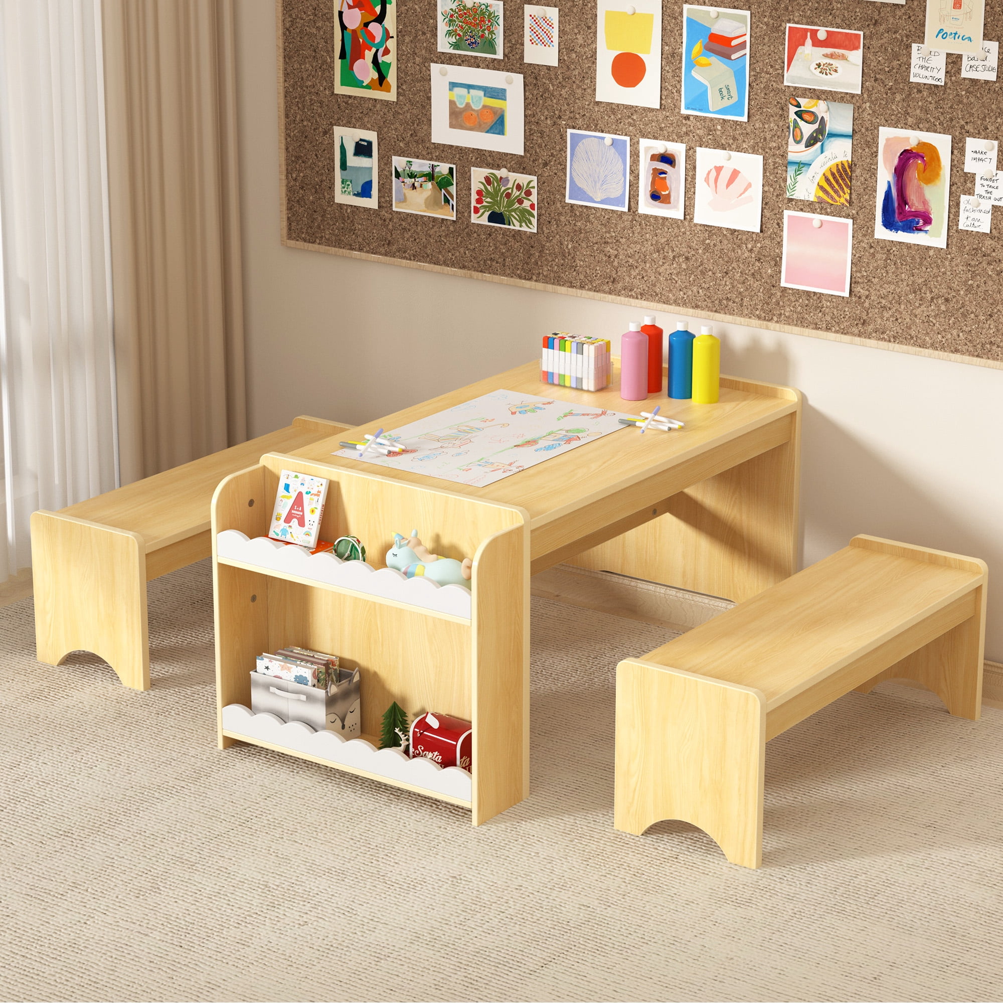Reasea Wooden Kids Table and Chair Set, Activity Table with Storage, Kids Craft Desk