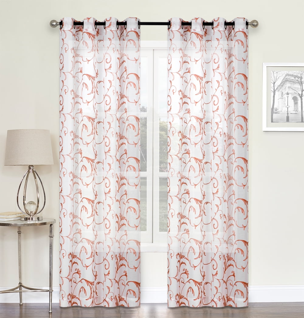 2 Pack Scroll Floral Matte Sheer Embroidered Grommet Curtains Spice