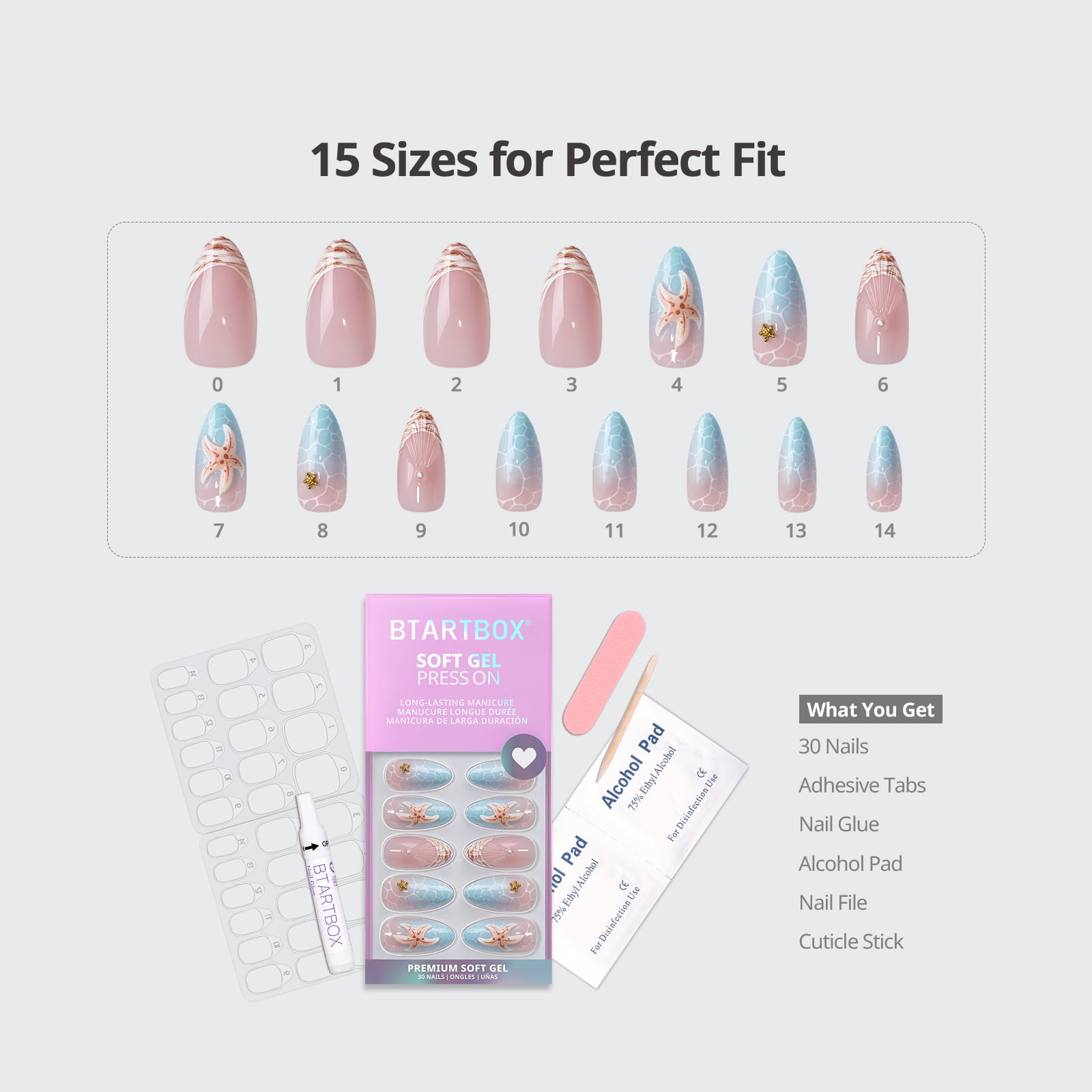 BTArtbox Press On Nails - Tide Play, Medium Almond, 2-Week Wear, Easy-to-Apply, 30 Count All-in-One Kit