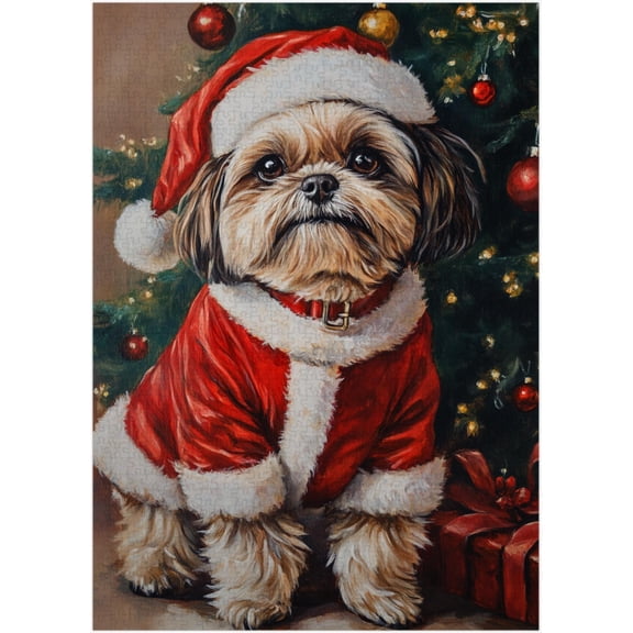 Santa Claus Shih Tzu Jigsaw Puzzle 500 Pieces for Adults - Cozy Xmas Holiday Gift for Pet-Loving Family in Christmas