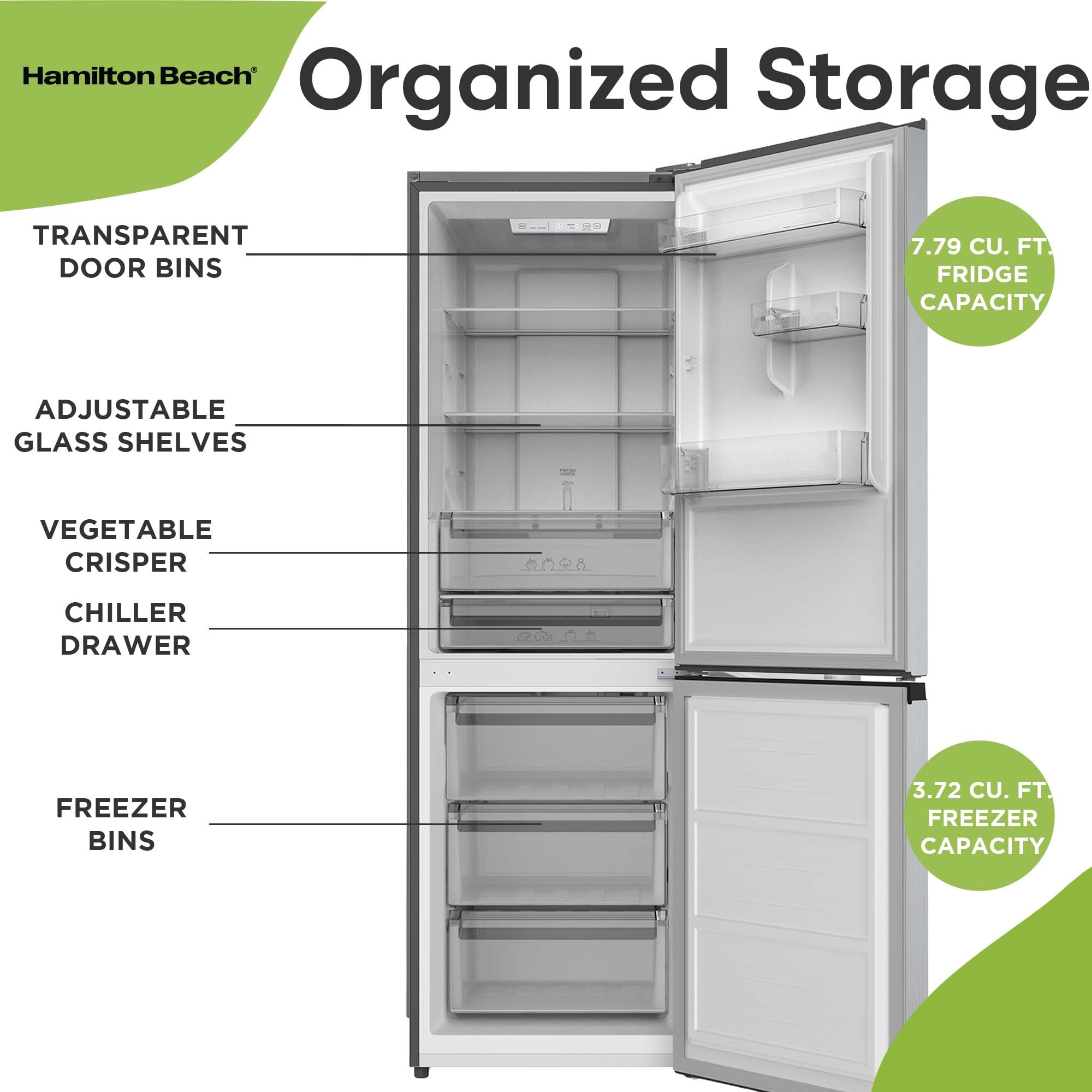 Hamilton Beach 11.5 Cu. ft. Frost-Free Refrigerator, Bottom Mount Apartment Size Fridge, Stainless Steel