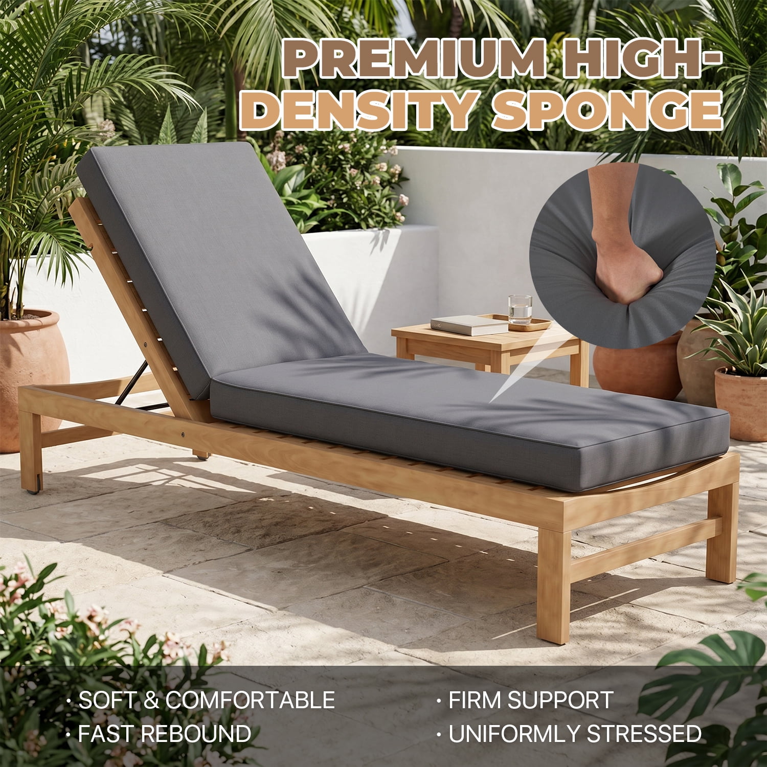 BaPiPro Gray Outdoor Chaise Lounge Cushion, Waterproof Patio Lounge Chair Pad with High-Density Foam, Removable Cover & Secure Ties for Poolside, Garden & Patio