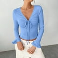 thumbnail image 2 of Womens Long Flared Sleeves Shirts Lace-up Spring Tops Solid Casual V Neck Knit Crop T-Shirts Blouse, 2 of 6