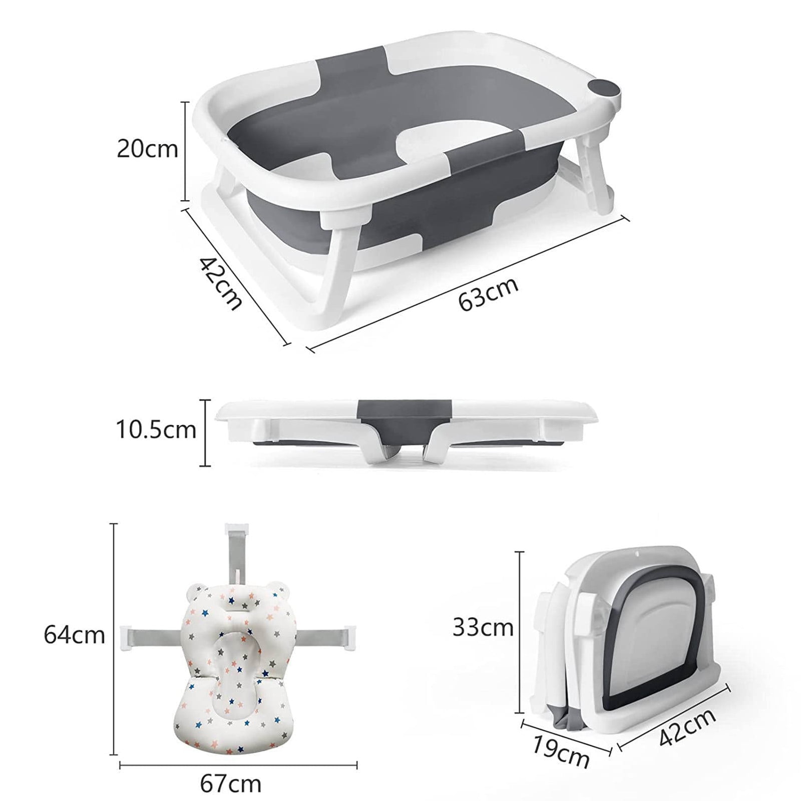 TOPCHANCES Collapsible Baby Bathtub with Thermometer, Newborn Baby Shower Tub with Baby Tub Cushion & Bath Net, Portable Baby Folding Bathtub for 0-12 Month Newborn, Grey
