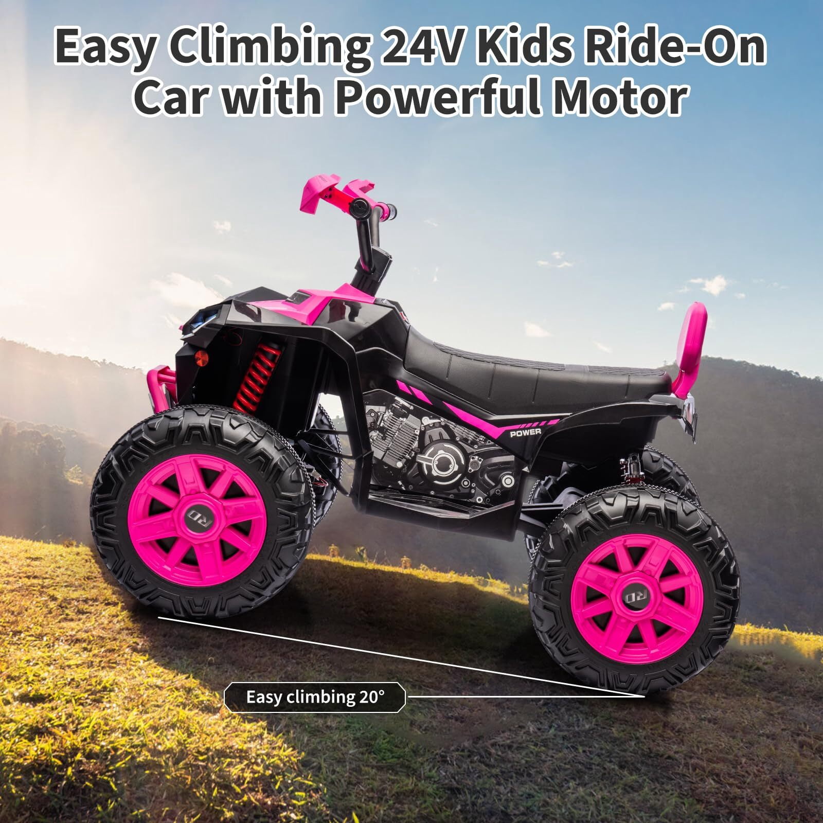 24 Volt Kids ATV Ride-On, Electric Dual 4 Wheeler with 2-Seater, Ride on Toys for Big Kids with Bluetooth, LED Lights, Music, High Low Speed, Pink