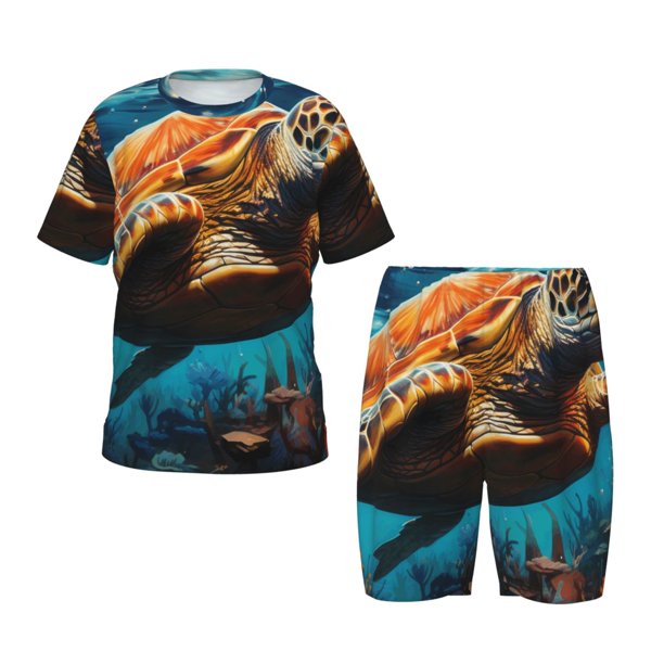 Fotbe Colorful Flower Sea Turtle Pijama Estampada de 2 Piezas para Niños – Ropa de Dormir de Manga Corta Cómoda para Niños y Niñas, Camiseta y Shorts de Algodón-4X-Large