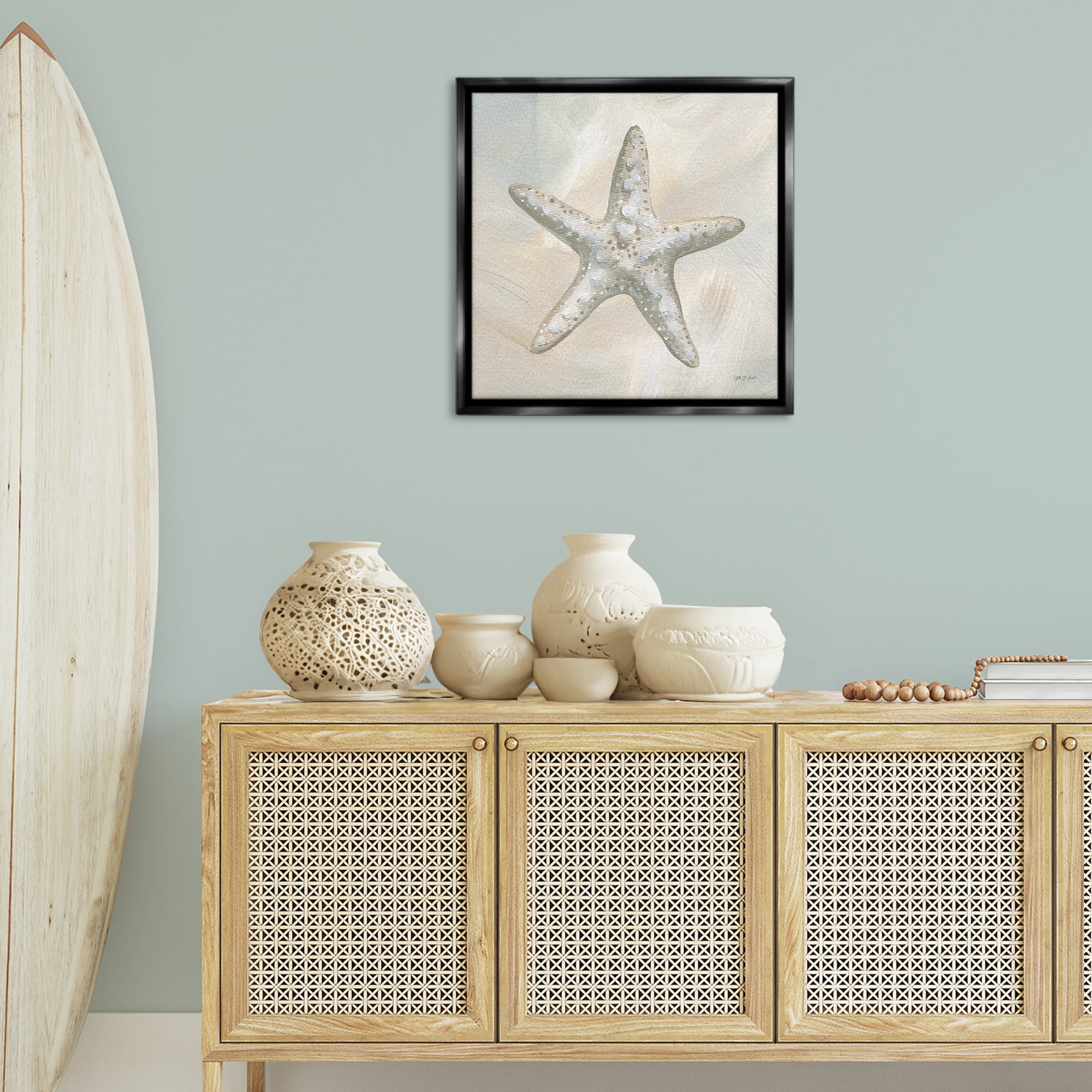 Stupell Industries Simple Beige Starfish Coastal Painting Black Floater Framed Canvas Art Print Wall Art, 25 x 25