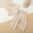 thumbnail image 2 of GobdXE Toddler Girls Striped Ribbed Outfit, Short Sleeve Top and Wide Leg Pants 2 Piece Summer Casual Set Color:White,Size:4-5 Years, 2 of 8
