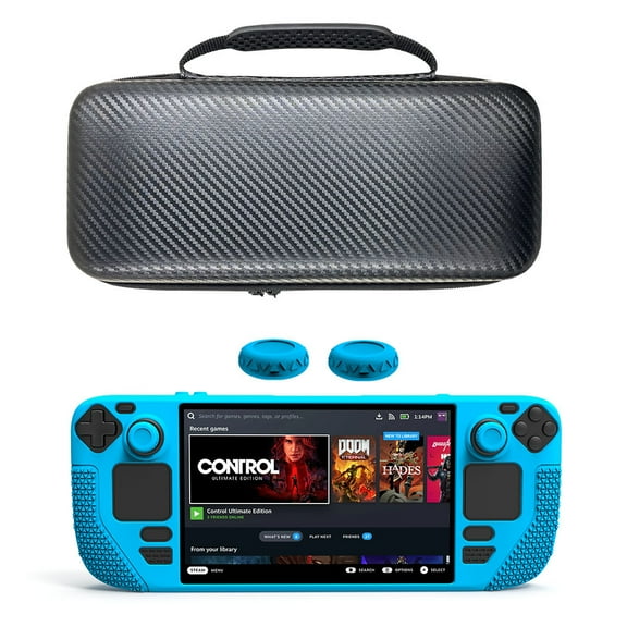 Protective Box Set for Steam Deck with Carrying bag and Silicone Protective Shell, Game Console Joystick Keycap Accessories-Blue