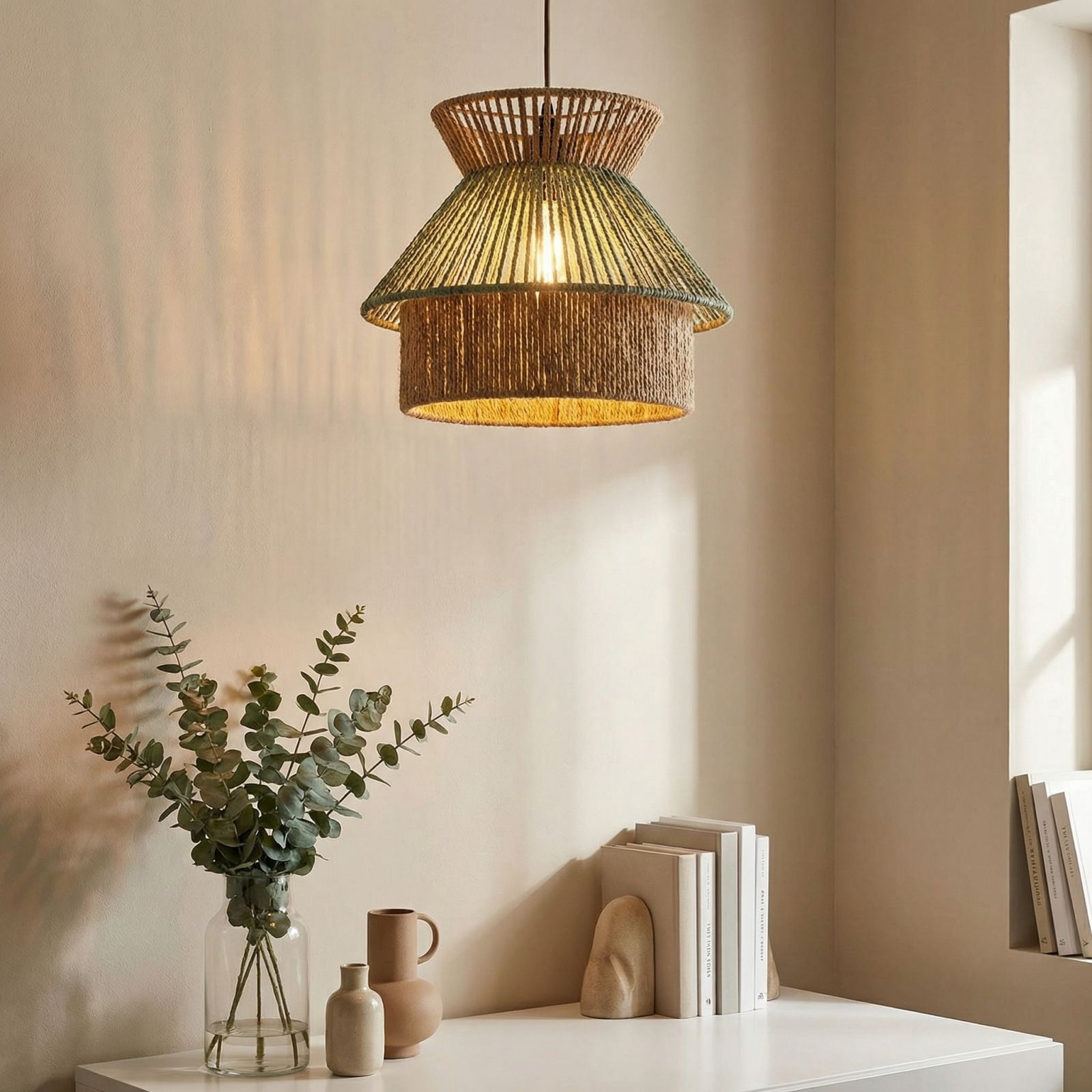 Handwoven Pendant Light Shade, 8.7in Vintage Style Rattan Lamp Cover for Ceiling Chandelier, Rustic Decorative Lampshade for Living Room, Woven Lighting Accessory