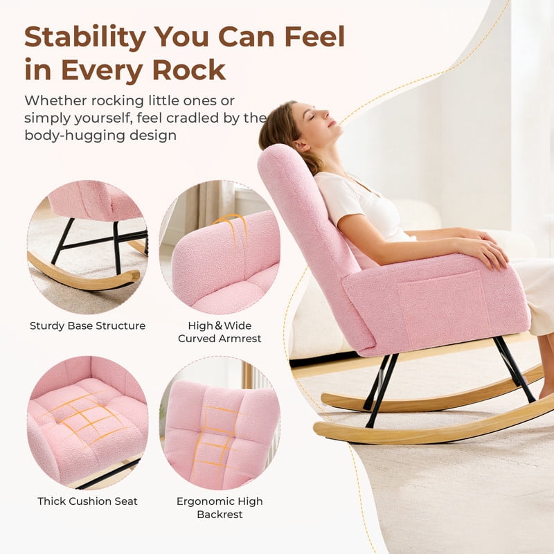 Gianna Rocking Chair with High Backrest, Teddy Upholstered Indoor Reading Glider Chair with Comfy Seat for Bedroom, Living Room, Pink