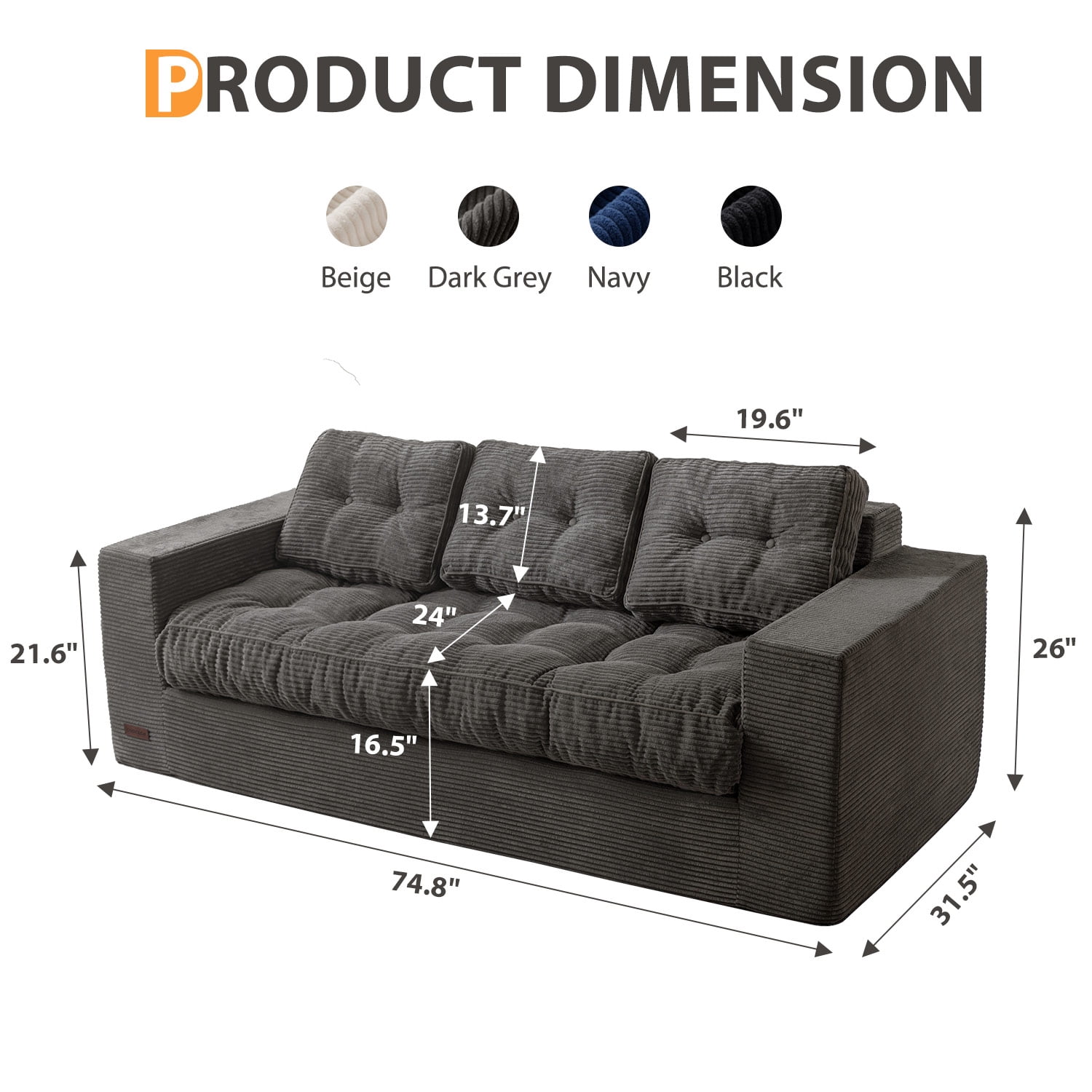 BYBYME 3 Seater Couch with Tufted Cushion & Backrest,Corduroy Floor Sofa with Armrests for Living Room Bedroom Office,Sofa in A Box,No Assembly Required,Dark Grey